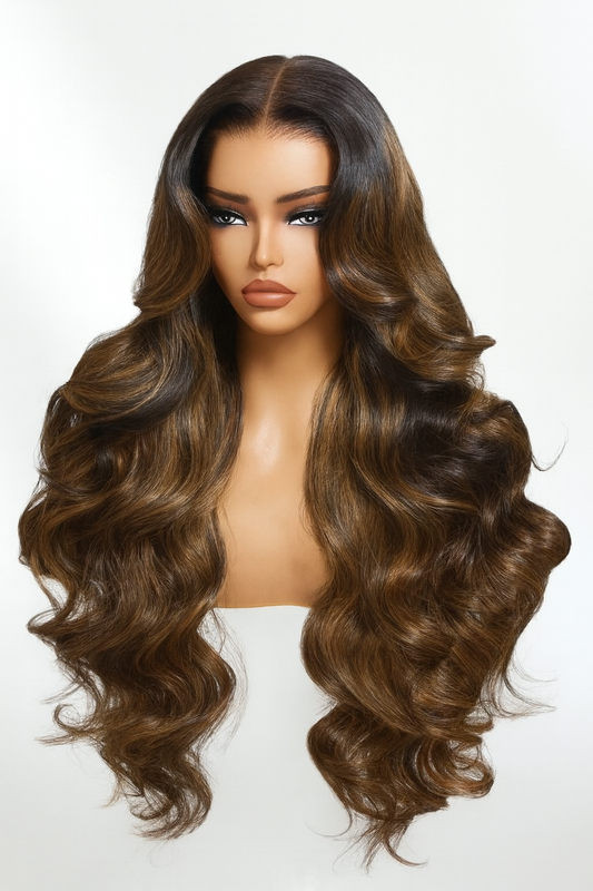 Mc Hair 7x5 Bye Bye Knots™ Wig Glueless Lace Balayage Highlight Body Wave Drawstring & Curtain Bangs Wig