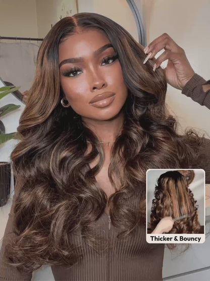 Mc Hair 7x5 Bye Bye Knots™ Wig Glueless Lace Balayage Highlight Body Wave Drawstring & Curtain Bangs Wig