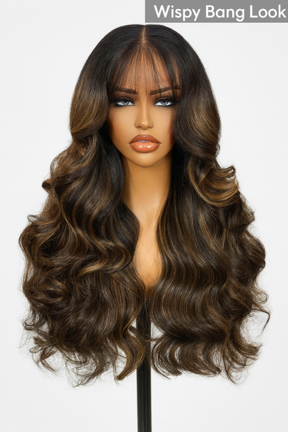 Mc Hair 7x5 Bye Bye Knots™ Wig Glueless Lace Balayage Highlight Body Wave Drawstring & Curtain Bangs Wig